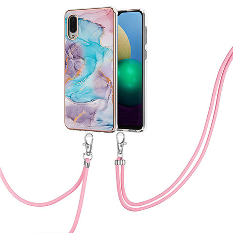 Coque Silicone Motif Fantaisie Souple Couleur Unie Etui Housse avec Laniere Strap Y03B pour Samsung Galaxy A02 Bleu