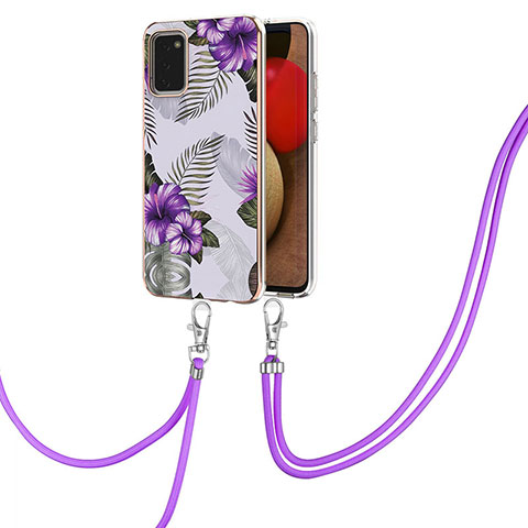 Coque Silicone Motif Fantaisie Souple Couleur Unie Etui Housse avec Laniere Strap Y03B pour Samsung Galaxy A03s Violet