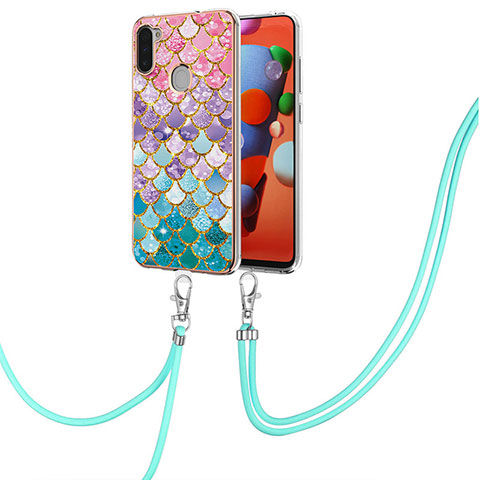 Coque Silicone Motif Fantaisie Souple Couleur Unie Etui Housse avec Laniere Strap Y03B pour Samsung Galaxy A11 Colorful