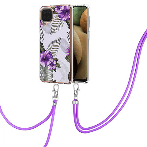 Coque Silicone Motif Fantaisie Souple Couleur Unie Etui Housse avec Laniere Strap Y03B pour Samsung Galaxy A12 Violet