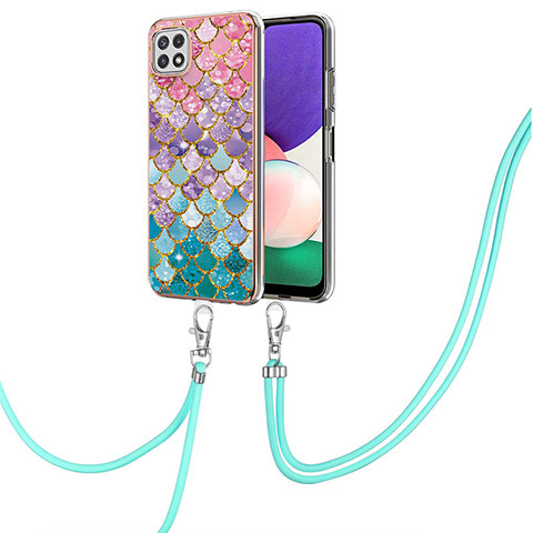 Coque Silicone Motif Fantaisie Souple Couleur Unie Etui Housse avec Laniere Strap Y03B pour Samsung Galaxy A22 5G Colorful