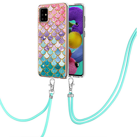 Coque Silicone Motif Fantaisie Souple Couleur Unie Etui Housse avec Laniere Strap Y03B pour Samsung Galaxy A51 4G Colorful