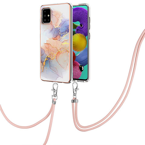 Coque Silicone Motif Fantaisie Souple Couleur Unie Etui Housse avec Laniere Strap Y03B pour Samsung Galaxy A51 4G Violet Clair