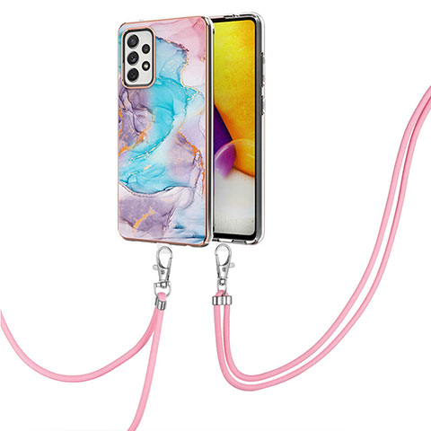 Coque Silicone Motif Fantaisie Souple Couleur Unie Etui Housse avec Laniere Strap Y03B pour Samsung Galaxy A72 4G Bleu