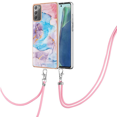 Coque Silicone Motif Fantaisie Souple Couleur Unie Etui Housse avec Laniere Strap Y03B pour Samsung Galaxy Note 20 5G Bleu