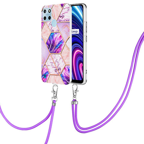 Coque Silicone Motif Fantaisie Souple Couleur Unie Etui Housse avec Laniere Strap Y04B pour Realme C21Y Violet Clair