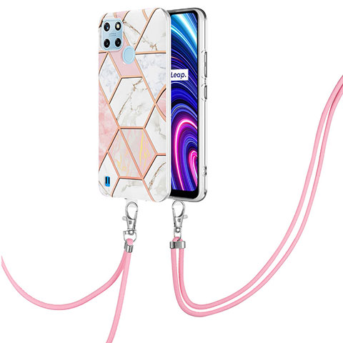 Coque Silicone Motif Fantaisie Souple Couleur Unie Etui Housse avec Laniere Strap Y04B pour Realme C25Y Rose