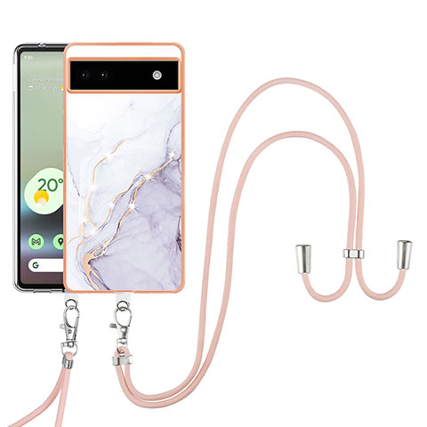 Coque Silicone Motif Fantaisie Souple Couleur Unie Etui Housse avec Laniere Strap Y05B pour Google Pixel 6a 5G Blanc