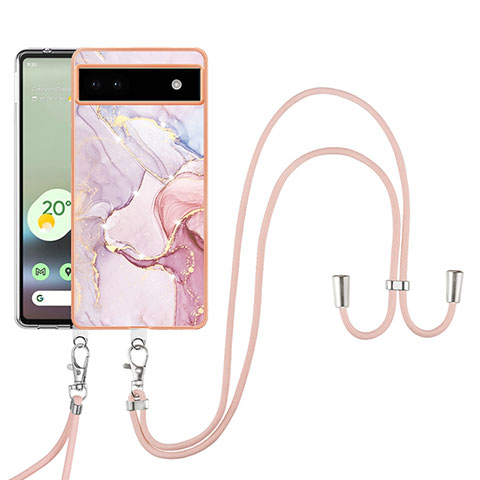 Coque Silicone Motif Fantaisie Souple Couleur Unie Etui Housse avec Laniere Strap Y05B pour Google Pixel 6a 5G Rose