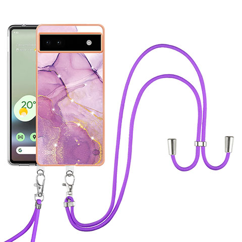 Coque Silicone Motif Fantaisie Souple Couleur Unie Etui Housse avec Laniere Strap Y05B pour Google Pixel 6a 5G Violet Clair