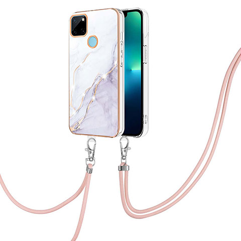 Coque Silicone Motif Fantaisie Souple Couleur Unie Etui Housse avec Laniere Strap Y05B pour Realme C21Y Blanc