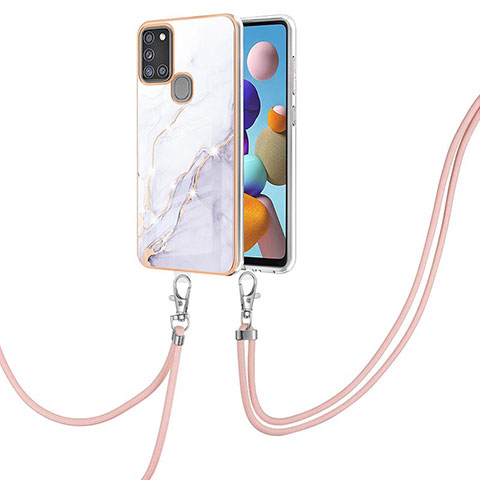 Coque Silicone Motif Fantaisie Souple Couleur Unie Etui Housse avec Laniere Strap Y05B pour Samsung Galaxy A21s Blanc