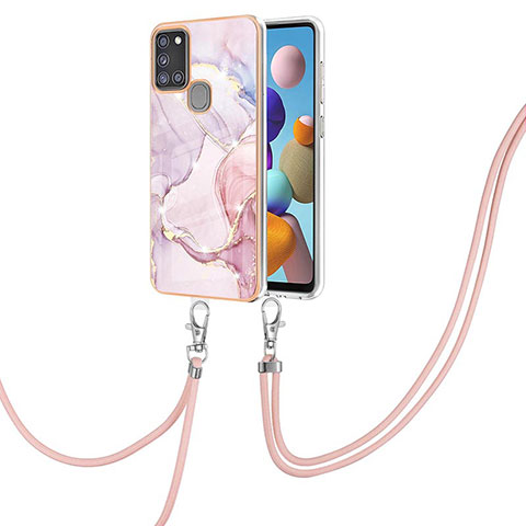 Coque Silicone Motif Fantaisie Souple Couleur Unie Etui Housse avec Laniere Strap Y05B pour Samsung Galaxy A21s Rose