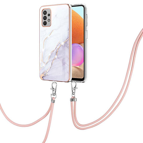 Coque Silicone Motif Fantaisie Souple Couleur Unie Etui Housse avec Laniere Strap Y05B pour Samsung Galaxy A32 4G Blanc