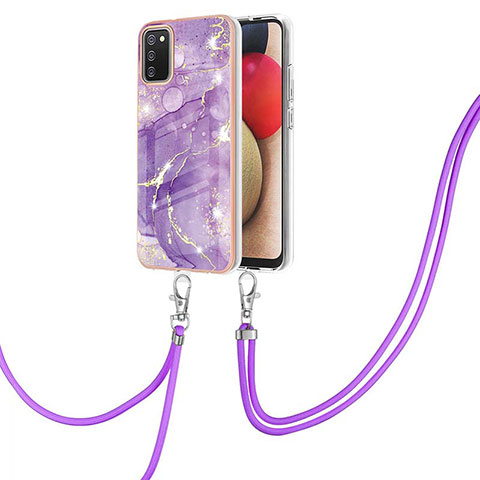 Coque Silicone Motif Fantaisie Souple Couleur Unie Etui Housse avec Laniere Strap Y05B pour Samsung Galaxy F02S SM-E025F Violet