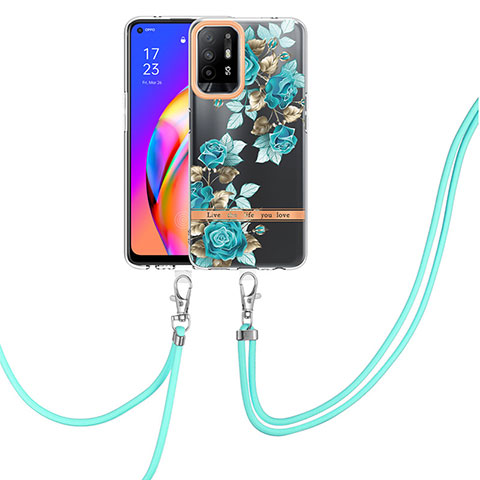 Coque Silicone Motif Fantaisie Souple Couleur Unie Etui Housse avec Laniere Strap Y06B pour Oppo A94 5G Cyan