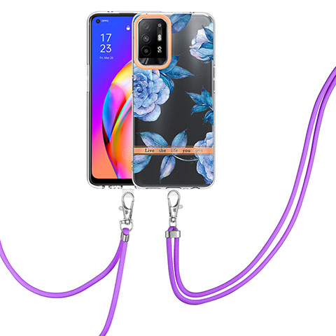 Coque Silicone Motif Fantaisie Souple Couleur Unie Etui Housse avec Laniere Strap Y06B pour Oppo A95 5G Bleu