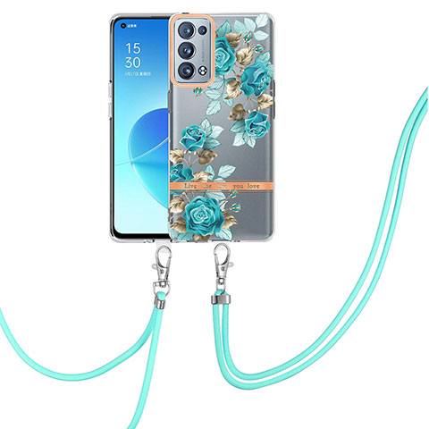 Coque Silicone Motif Fantaisie Souple Couleur Unie Etui Housse avec Laniere Strap Y06B pour Oppo Reno6 Pro+ Plus 5G Cyan