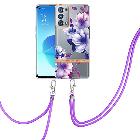 Coque Silicone Motif Fantaisie Souple Couleur Unie Etui Housse avec Laniere Strap Y06B pour Oppo Reno6 Pro+ Plus 5G Violet