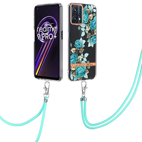 Coque Silicone Motif Fantaisie Souple Couleur Unie Etui Housse avec Laniere Strap Y06B pour Realme 9 Pro+ Plus 5G Cyan