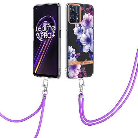 Coque Silicone Motif Fantaisie Souple Couleur Unie Etui Housse avec Laniere Strap Y06B pour Realme 9 Pro+ Plus 5G Violet