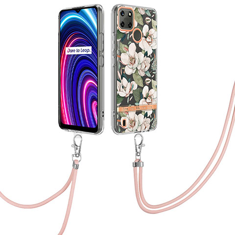 Coque Silicone Motif Fantaisie Souple Couleur Unie Etui Housse avec Laniere Strap Y06B pour Realme C21Y Blanc