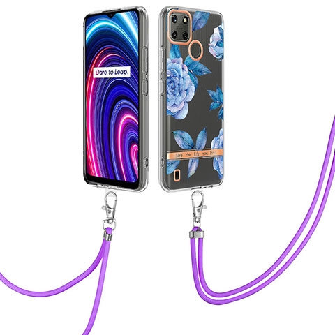 Coque Silicone Motif Fantaisie Souple Couleur Unie Etui Housse avec Laniere Strap Y06B pour Realme C21Y Bleu