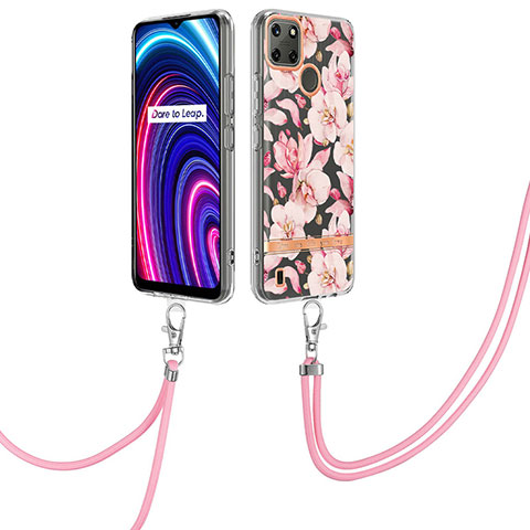 Coque Silicone Motif Fantaisie Souple Couleur Unie Etui Housse avec Laniere Strap Y06B pour Realme C21Y Rose