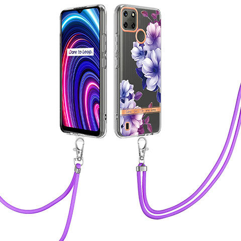 Coque Silicone Motif Fantaisie Souple Couleur Unie Etui Housse avec Laniere Strap Y06B pour Realme C21Y Violet