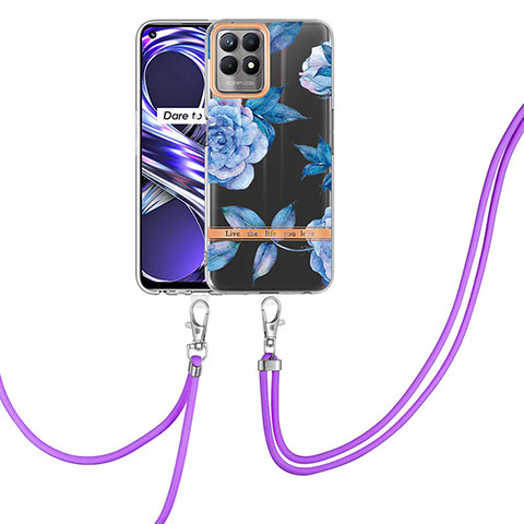 Coque Silicone Motif Fantaisie Souple Couleur Unie Etui Housse avec Laniere Strap Y06B pour Realme Narzo 50 4G Bleu