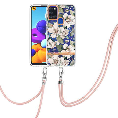 Coque Silicone Motif Fantaisie Souple Couleur Unie Etui Housse avec Laniere Strap Y06B pour Samsung Galaxy A21s Blanc