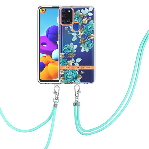 Coque Silicone Motif Fantaisie Souple Couleur Unie Etui Housse avec Laniere Strap Y06B pour Samsung Galaxy A21s Cyan