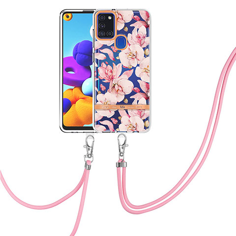 Coque Silicone Motif Fantaisie Souple Couleur Unie Etui Housse avec Laniere Strap Y06B pour Samsung Galaxy A21s Rose