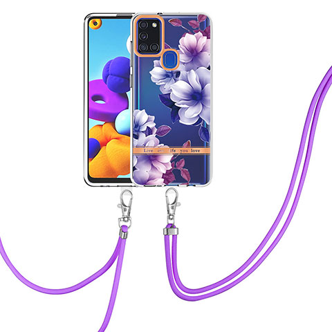 Coque Silicone Motif Fantaisie Souple Couleur Unie Etui Housse avec Laniere Strap Y06B pour Samsung Galaxy A21s Violet