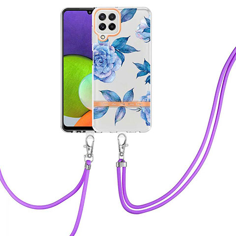 Coque Silicone Motif Fantaisie Souple Couleur Unie Etui Housse avec Laniere Strap Y06B pour Samsung Galaxy A22 4G Bleu