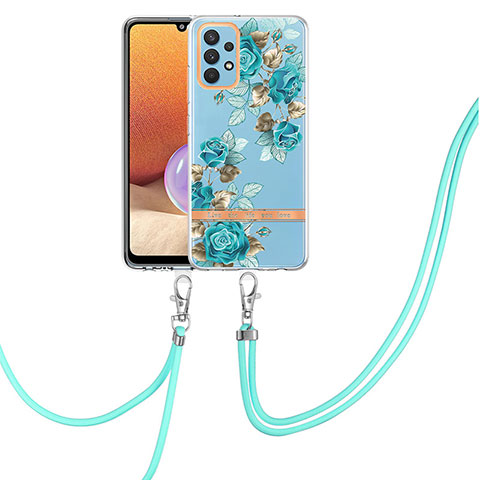 Coque Silicone Motif Fantaisie Souple Couleur Unie Etui Housse avec Laniere Strap Y06B pour Samsung Galaxy A32 4G Cyan