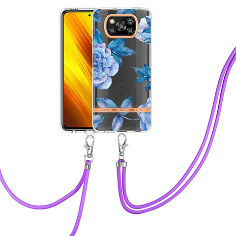 Coque Silicone Motif Fantaisie Souple Couleur Unie Etui Housse avec Laniere Strap Y06B pour Xiaomi Poco X3 Pro Bleu