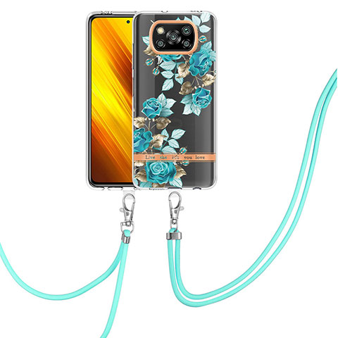 Coque Silicone Motif Fantaisie Souple Couleur Unie Etui Housse avec Laniere Strap Y06B pour Xiaomi Poco X3 Pro Cyan