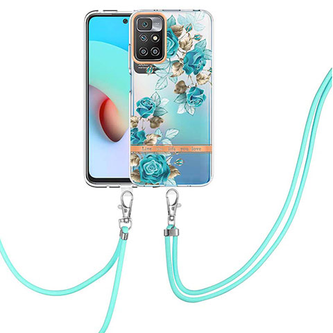 Coque Silicone Motif Fantaisie Souple Couleur Unie Etui Housse avec Laniere Strap Y06B pour Xiaomi Redmi 10 4G Cyan