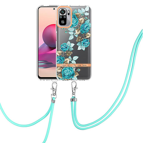 Coque Silicone Motif Fantaisie Souple Couleur Unie Etui Housse avec Laniere Strap Y06B pour Xiaomi Redmi Note 10 4G Cyan