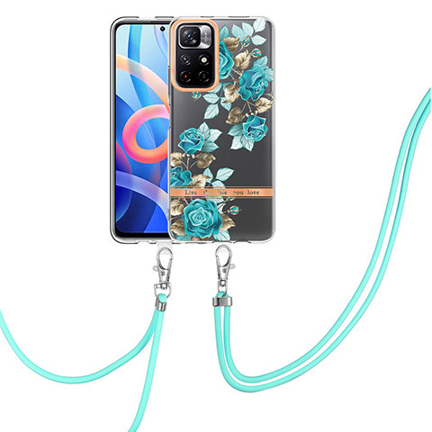 Coque Silicone Motif Fantaisie Souple Couleur Unie Etui Housse avec Laniere Strap Y06B pour Xiaomi Redmi Note 11 5G Cyan