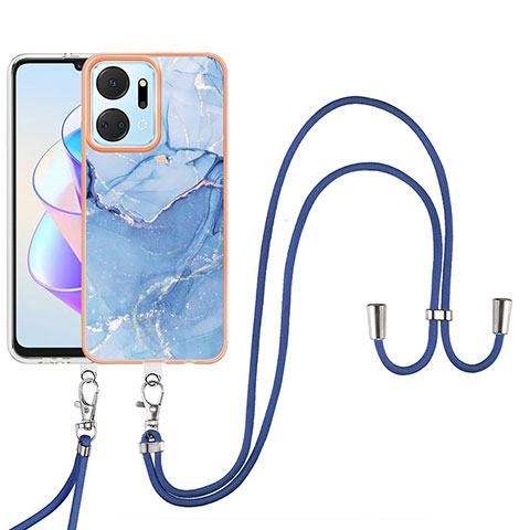 Coque Silicone Motif Fantaisie Souple Couleur Unie Etui Housse avec Laniere Strap Y07B pour Huawei Honor X7a Bleu