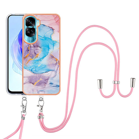 Coque Silicone Motif Fantaisie Souple Couleur Unie Etui Housse avec Laniere Strap YB3 pour Huawei Honor 90 Lite 5G Bleu