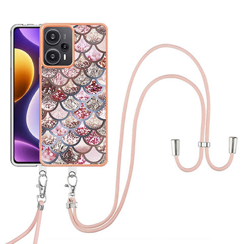 Coque Silicone Motif Fantaisie Souple Couleur Unie Etui Housse avec Laniere Strap YB3 pour Xiaomi Poco F5 5G Marron