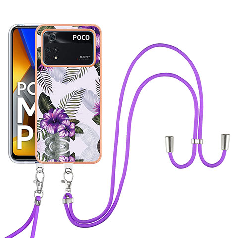 Coque Silicone Motif Fantaisie Souple Couleur Unie Etui Housse avec Laniere Strap YB3 pour Xiaomi Poco M4 Pro 4G Violet