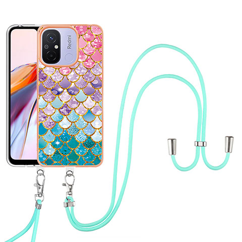 Coque Silicone Motif Fantaisie Souple Couleur Unie Etui Housse avec Laniere Strap YB3 pour Xiaomi Redmi 12C 4G Colorful