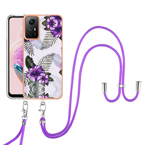 Coque Silicone Motif Fantaisie Souple Couleur Unie Etui Housse avec Laniere Strap YB3 pour Xiaomi Redmi Note 12S Violet