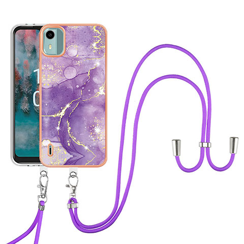 Coque Silicone Motif Fantaisie Souple Couleur Unie Etui Housse avec Laniere Strap YB5 pour Nokia C12 Plus Violet