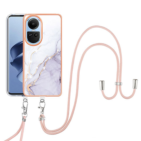 Coque Silicone Motif Fantaisie Souple Couleur Unie Etui Housse avec Laniere Strap YB5 pour Oppo Reno10 Pro 5G Blanc