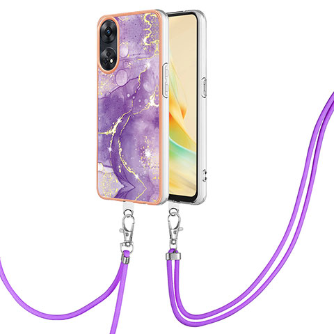 Coque Silicone Motif Fantaisie Souple Couleur Unie Etui Housse avec Laniere Strap YB5 pour Oppo Reno8 T 4G Violet